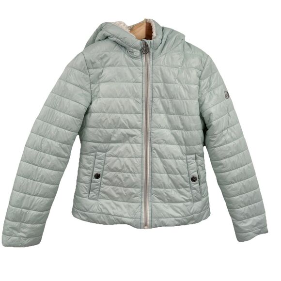 Michael Kors Girls Jacket 10 12 Medium Sea Foam Green Puffer Sherpa Hooded - Picture 1 of 12